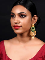 Gold Tone Green-Enamelled Dangle Earrings - Rajwada