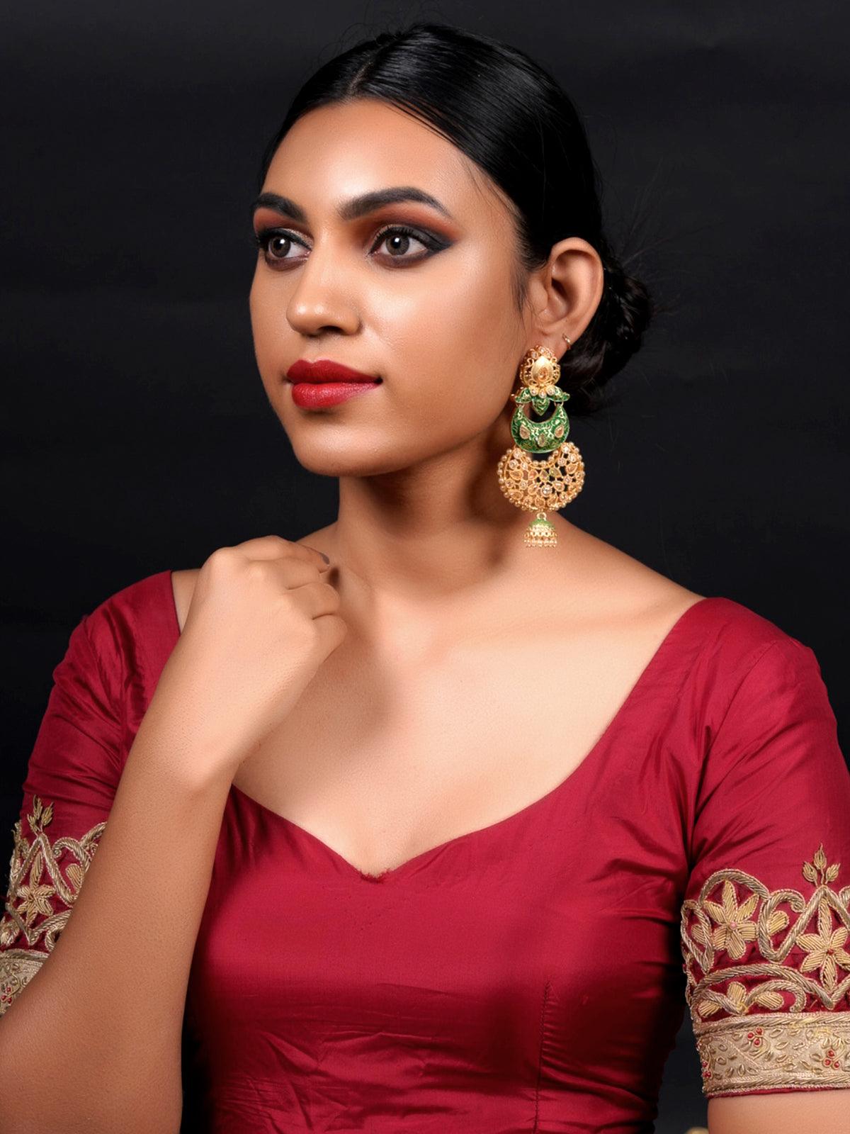 Gold Tone Green-Enamelled Dangle Earrings - Rajwada