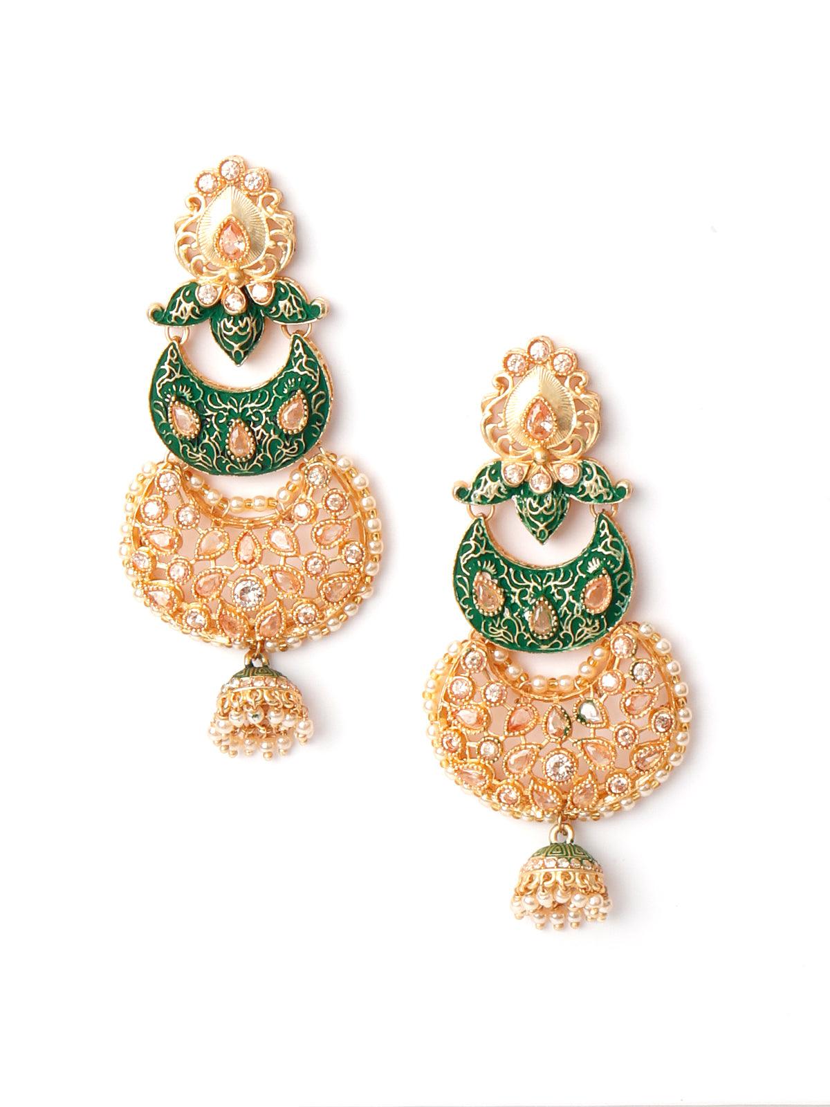 Gold Tone Green-Enamelled Dangle Earrings - Rajwada