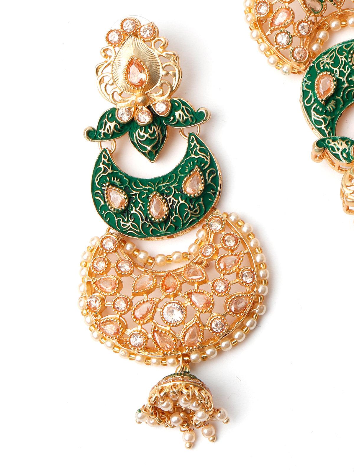 Gold Tone Green-Enamelled Dangle Earrings - Rajwada