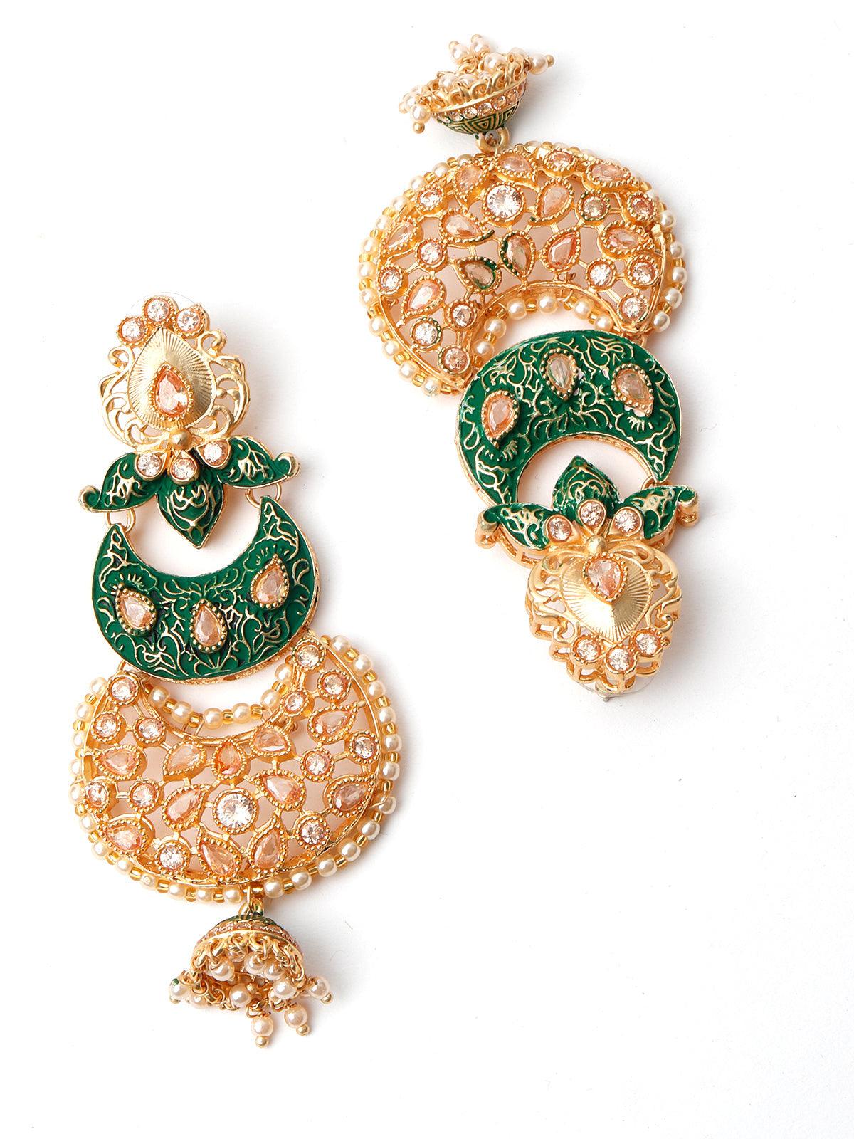 Gold Tone Green-Enamelled Dangle Earrings - Rajwada
