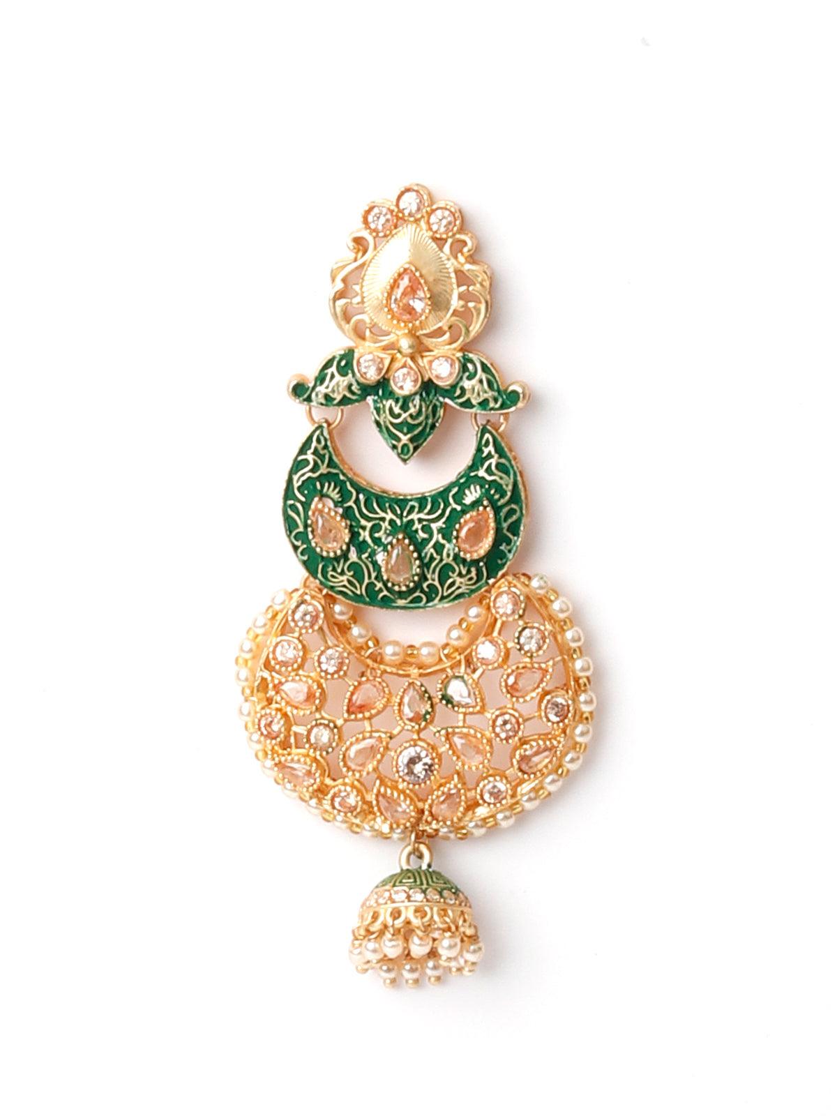 Gold Tone Green-Enamelled Dangle Earrings - Rajwada