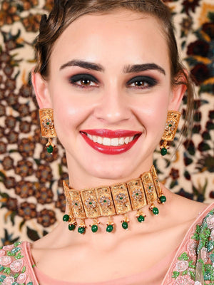 Gold Tone Green Mani Choker Set - Rajwada