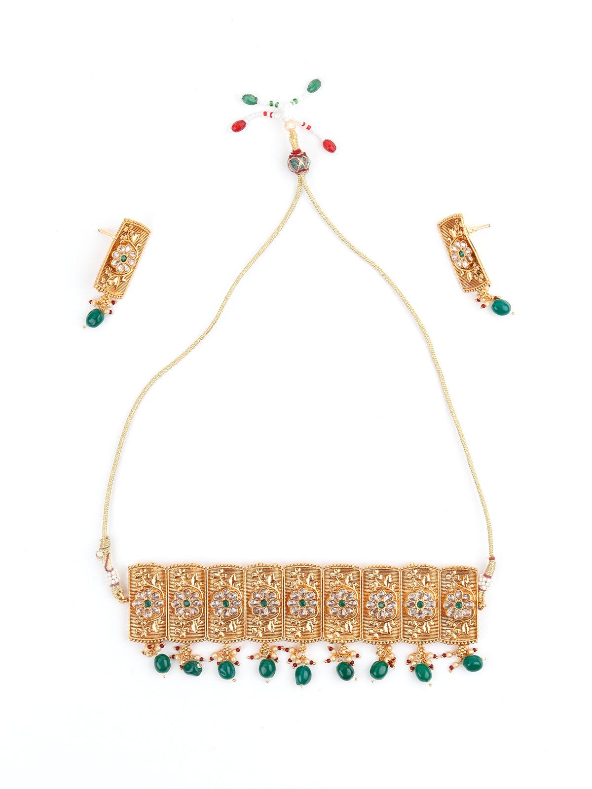 Gold Tone Green Mani Choker Set - Rajwada