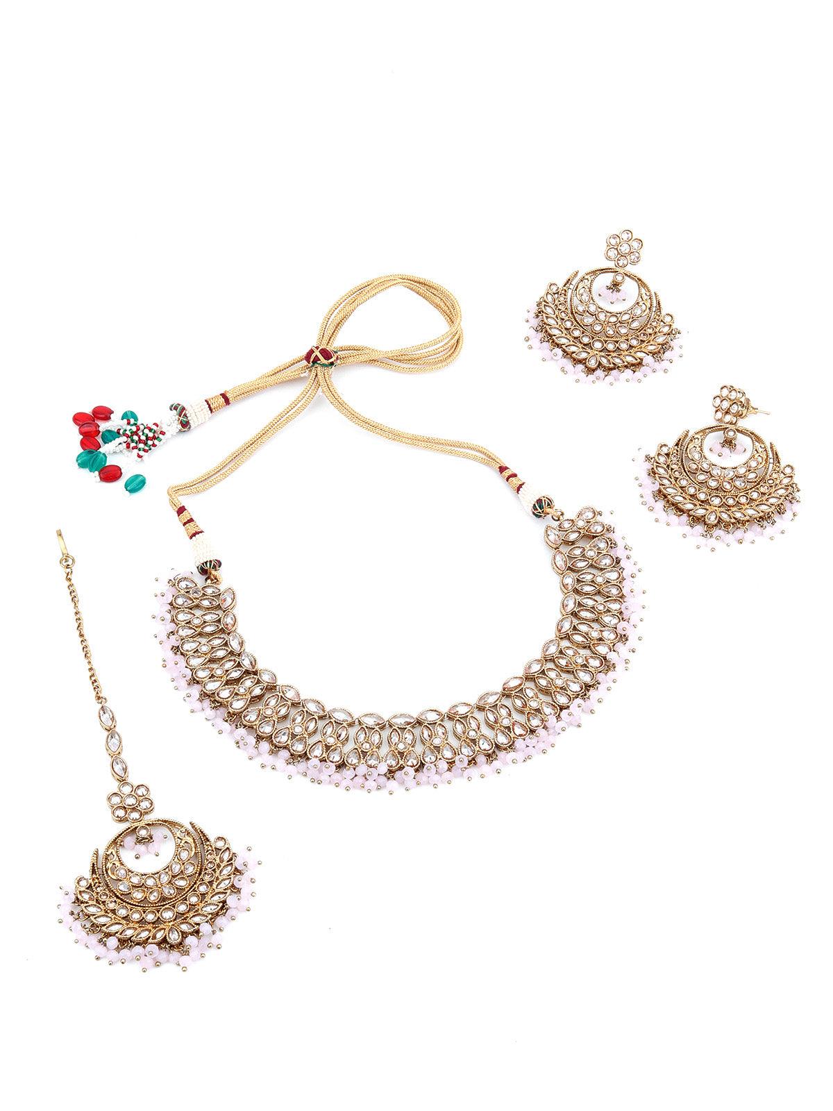 Gold Tone Lavender Pearl Necklace Set - Rajwada