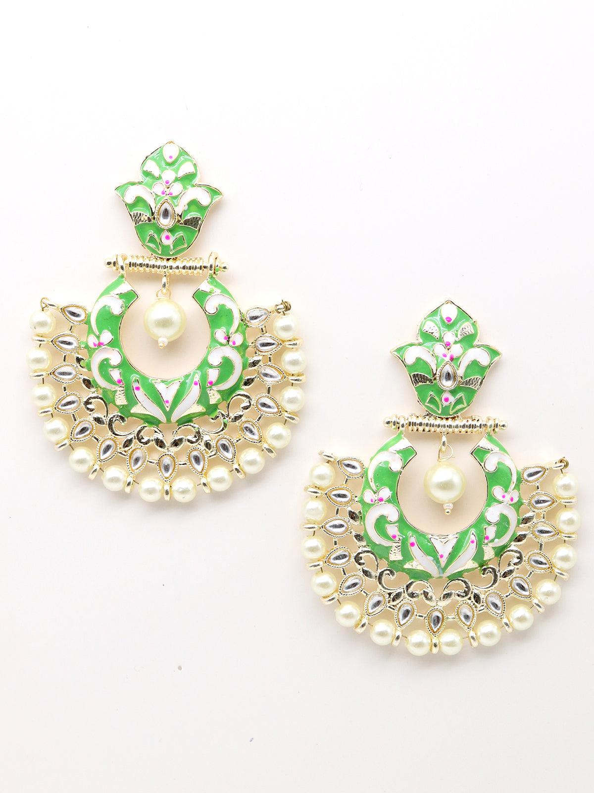 Gold tone light green white tinted kundan pearl dangle earrings! - Rajwada
