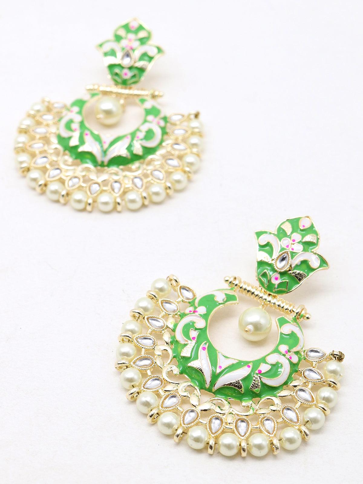 Gold tone light green white tinted kundan pearl dangle earrings! - Rajwada