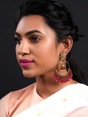 Gold Tone Magenta Pink Dangling Ring-Jhumka Earrings - Rajwada