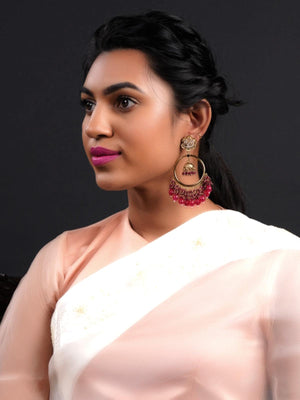 Gold Tone Magenta Pink Dangling Ring-Jhumka Earrings - Rajwada