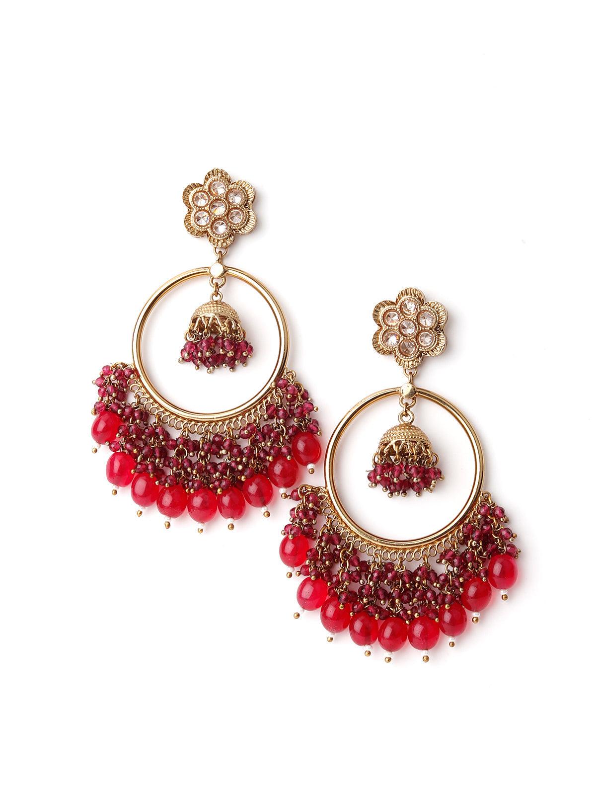 Gold Tone Magenta Pink Dangling Ring-Jhumka Earrings - Rajwada