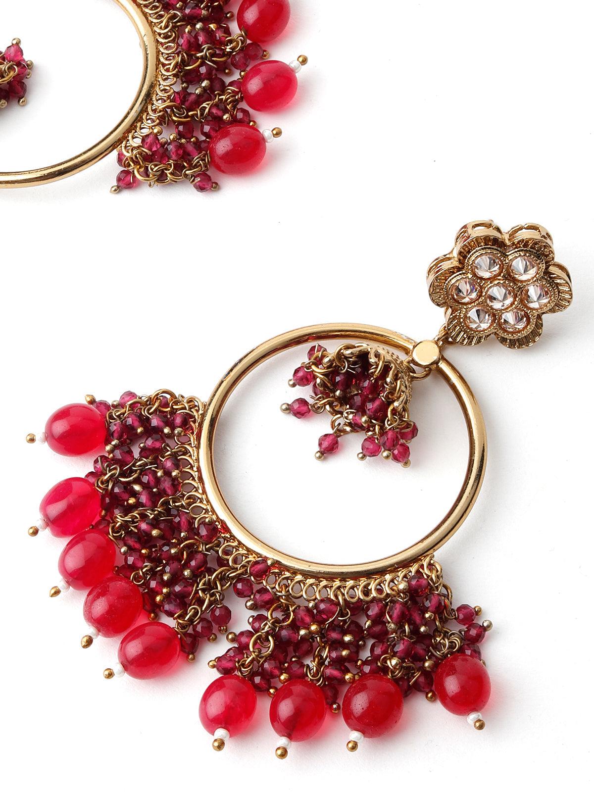 Gold Tone Magenta Pink Dangling Ring-Jhumka Earrings - Rajwada