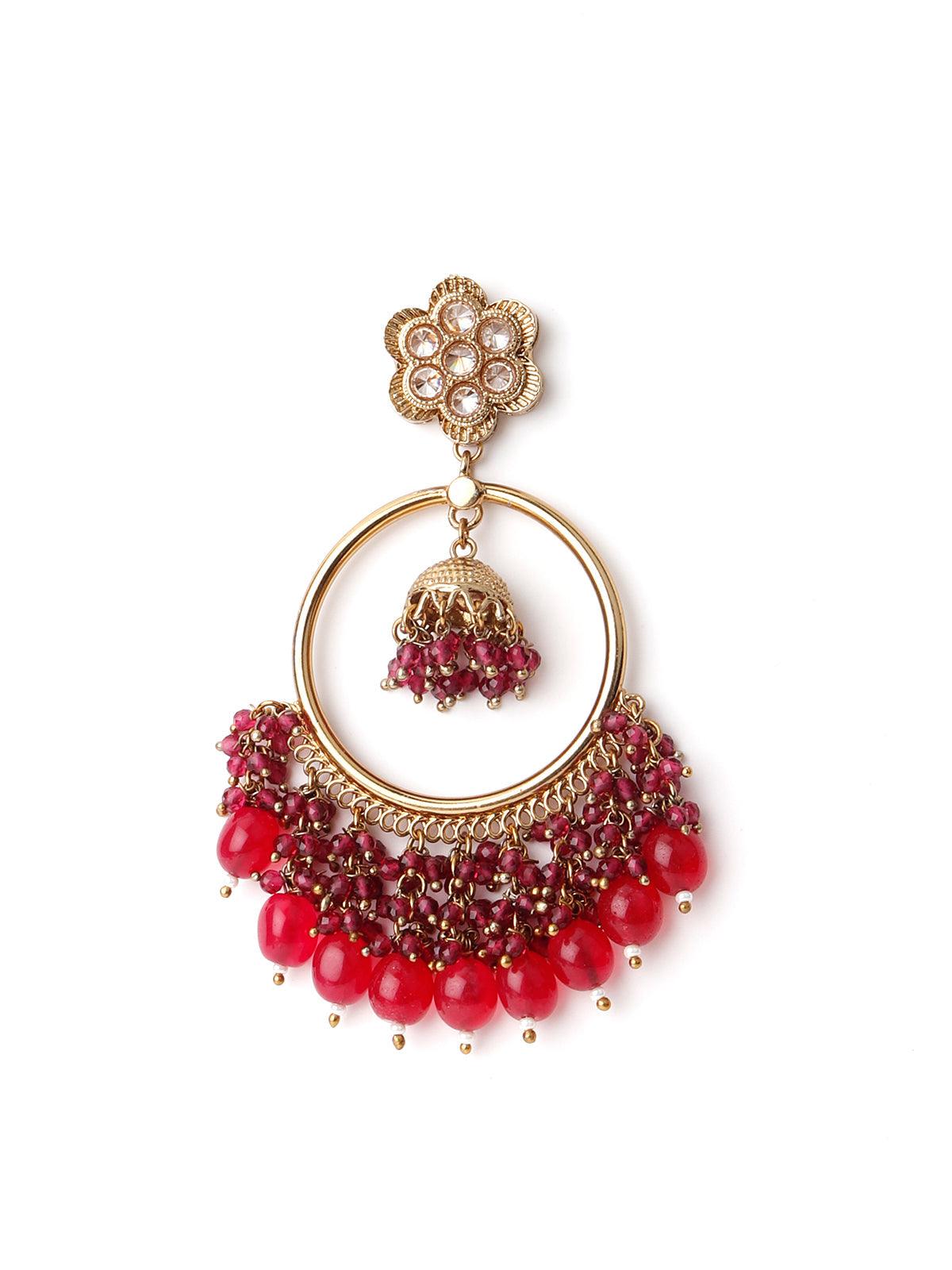 Gold Tone Magenta Pink Dangling Ring-Jhumka Earrings - Rajwada
