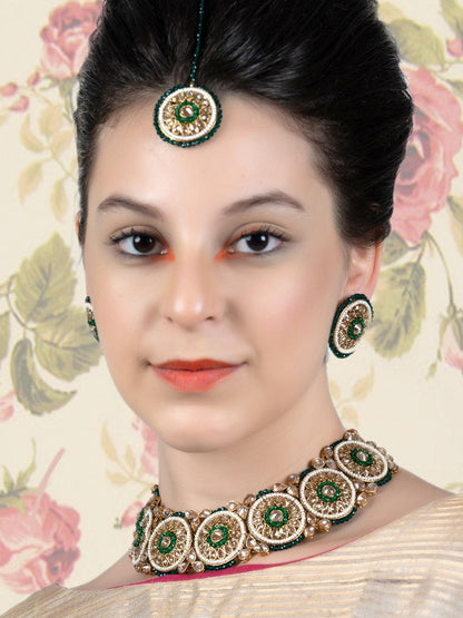 Gold Tone Pearls -Green Onyx Choker Set&nbsp; - Rajwada