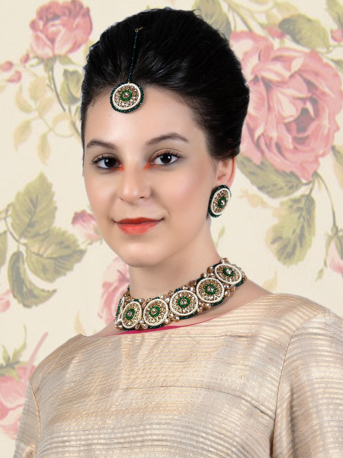 Gold Tone Pearls -Green Onyx Choker Set&nbsp; - Rajwada