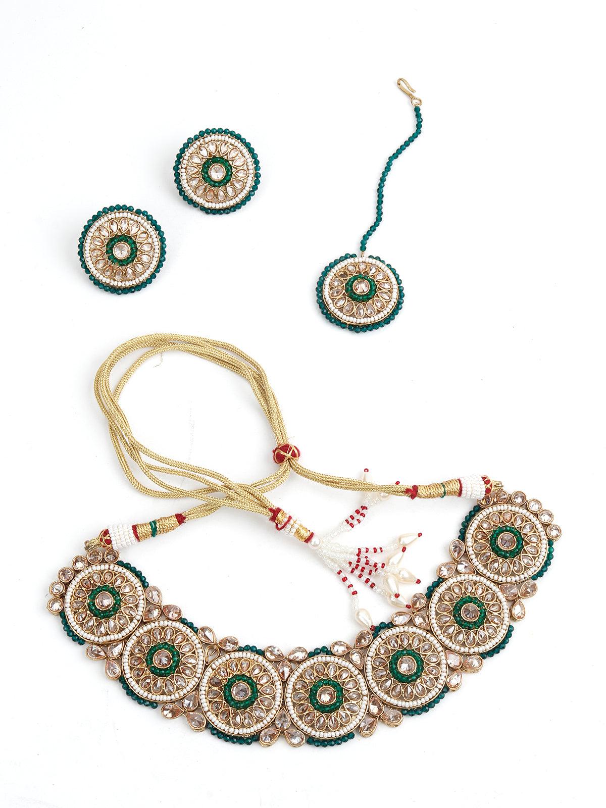 Gold Tone Pearls -Green Onyx Choker Set&nbsp; - Rajwada