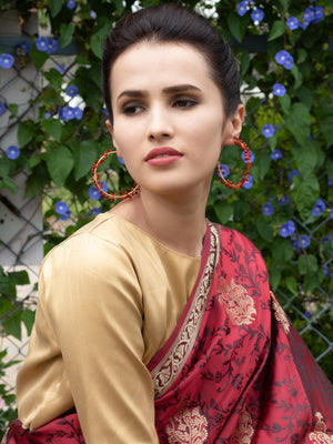 Gold-Tone Red Beaded Hoop Earrings - Rajwada