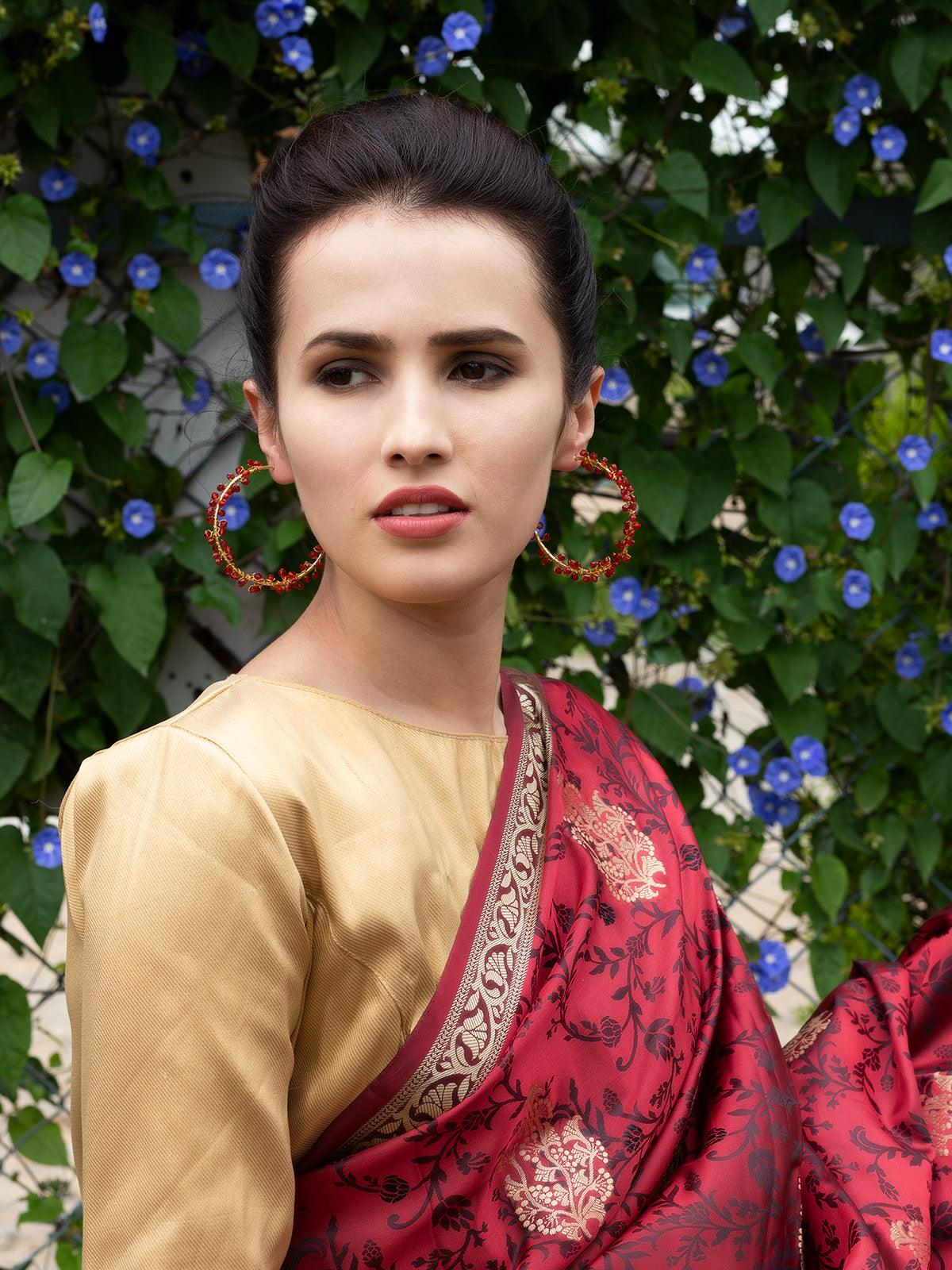Gold-Tone Red Beaded Hoop Earrings - Rajwada