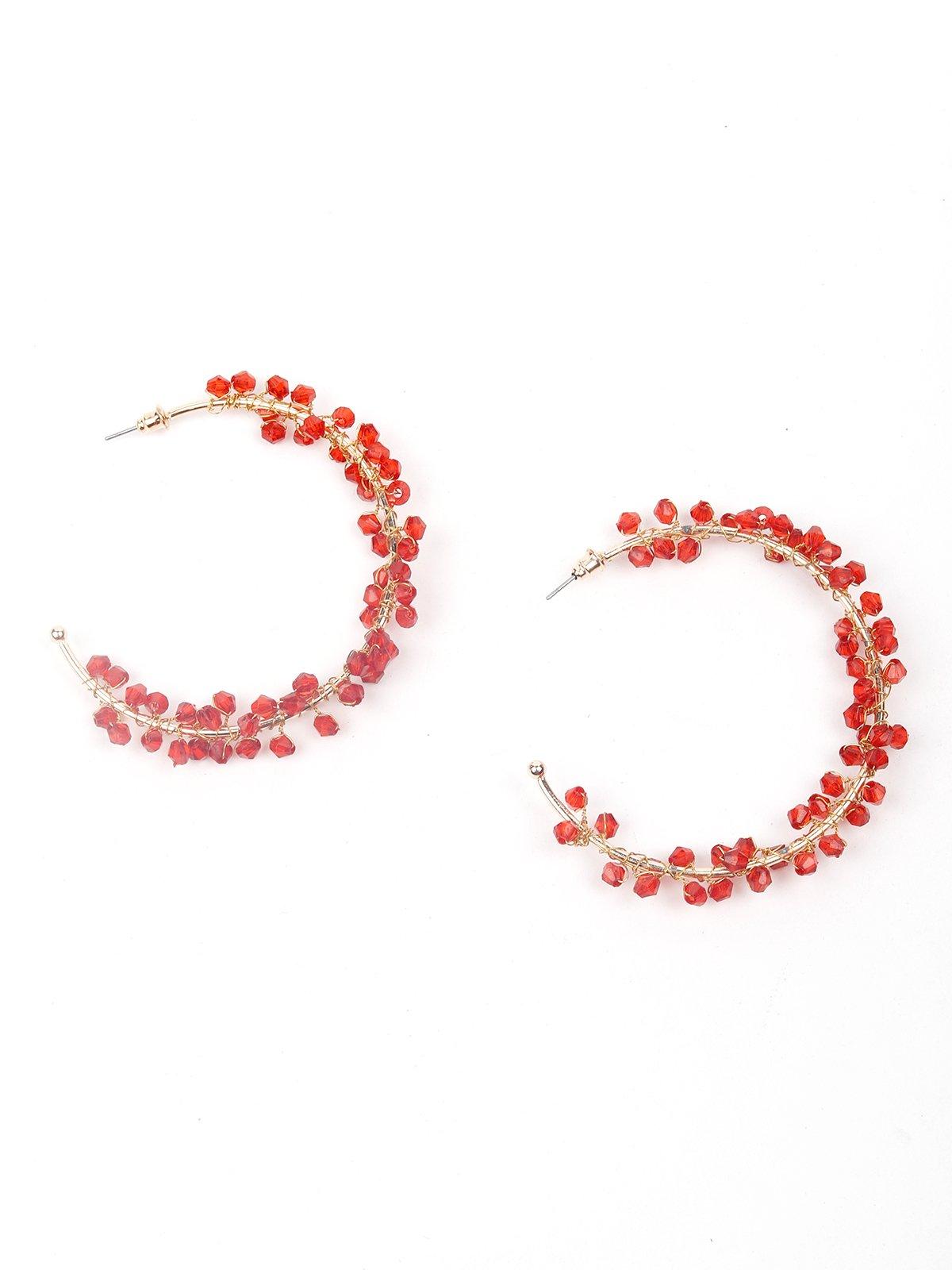 Gold-Tone Red Beaded Hoop Earrings - Rajwada