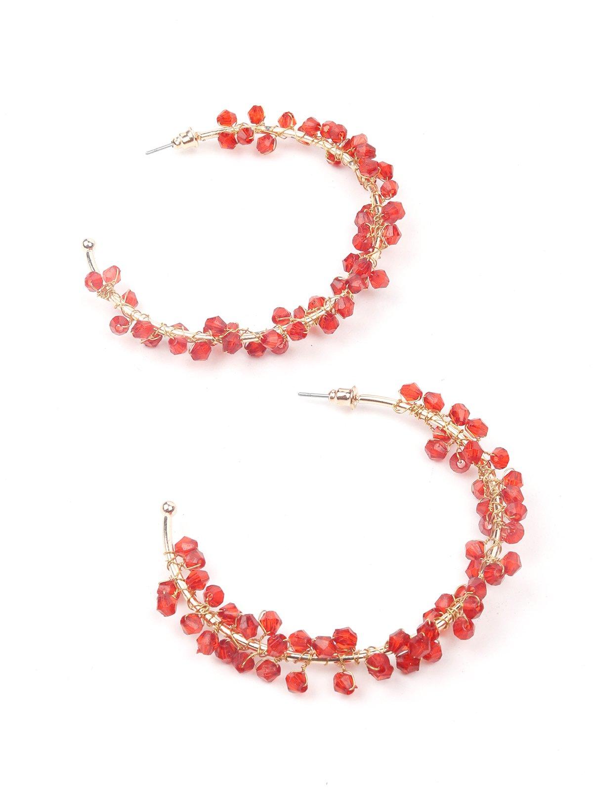 Gold-Tone Red Beaded Hoop Earrings - Rajwada