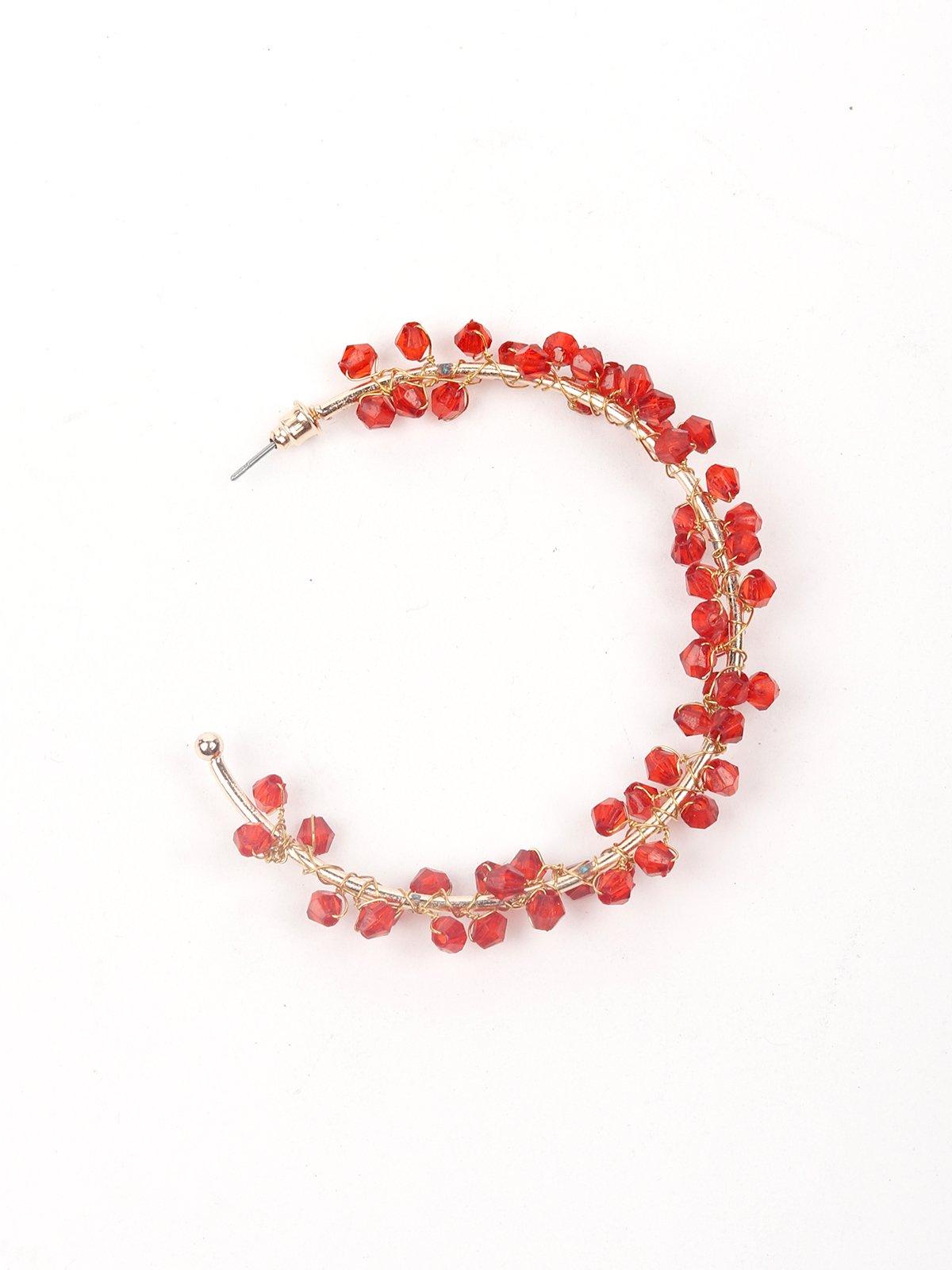 Gold-Tone Red Beaded Hoop Earrings - Rajwada