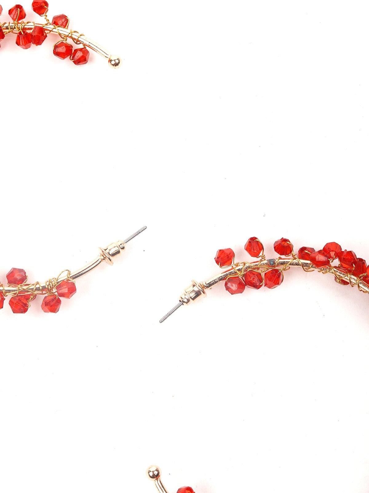Gold-Tone Red Beaded Hoop Earrings - Rajwada
