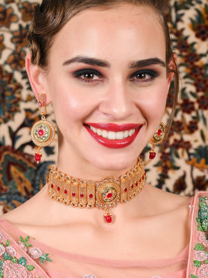 Gold Tone Red Mani Choker Set - Rajwada
