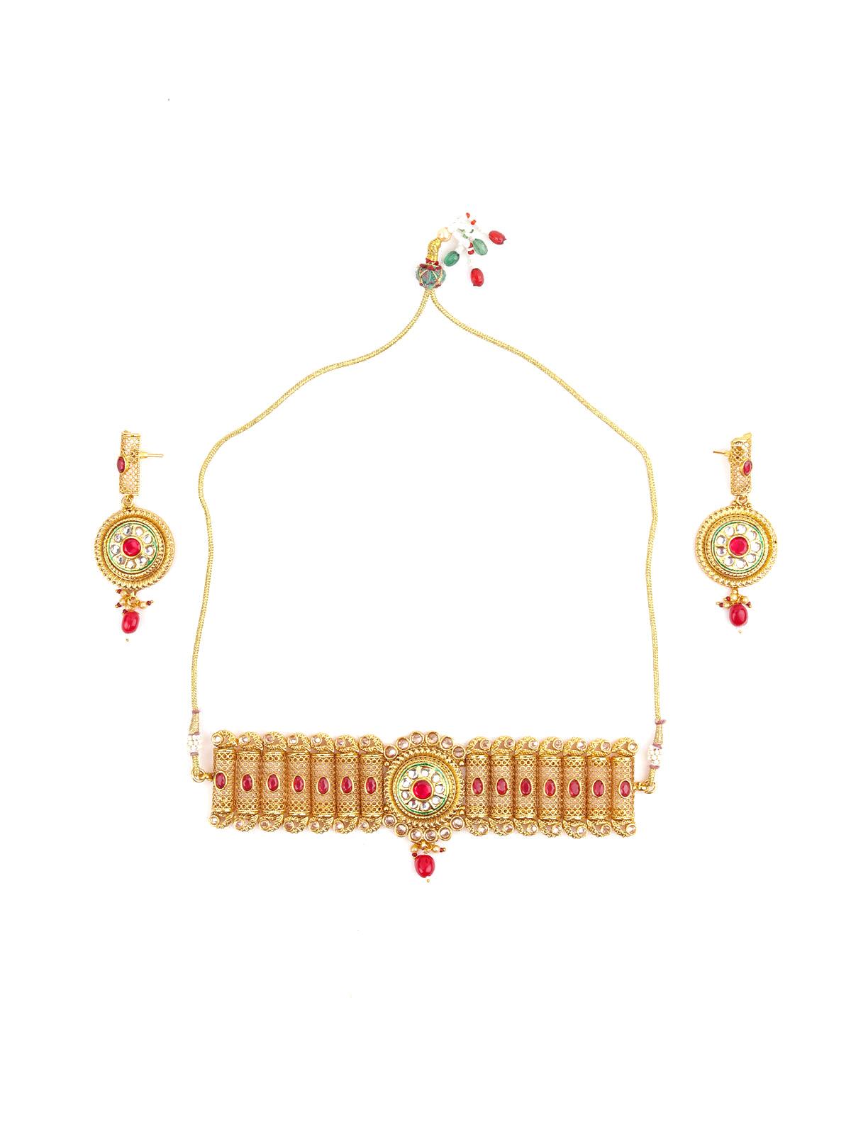Gold Tone Red Mani Choker Set - Rajwada