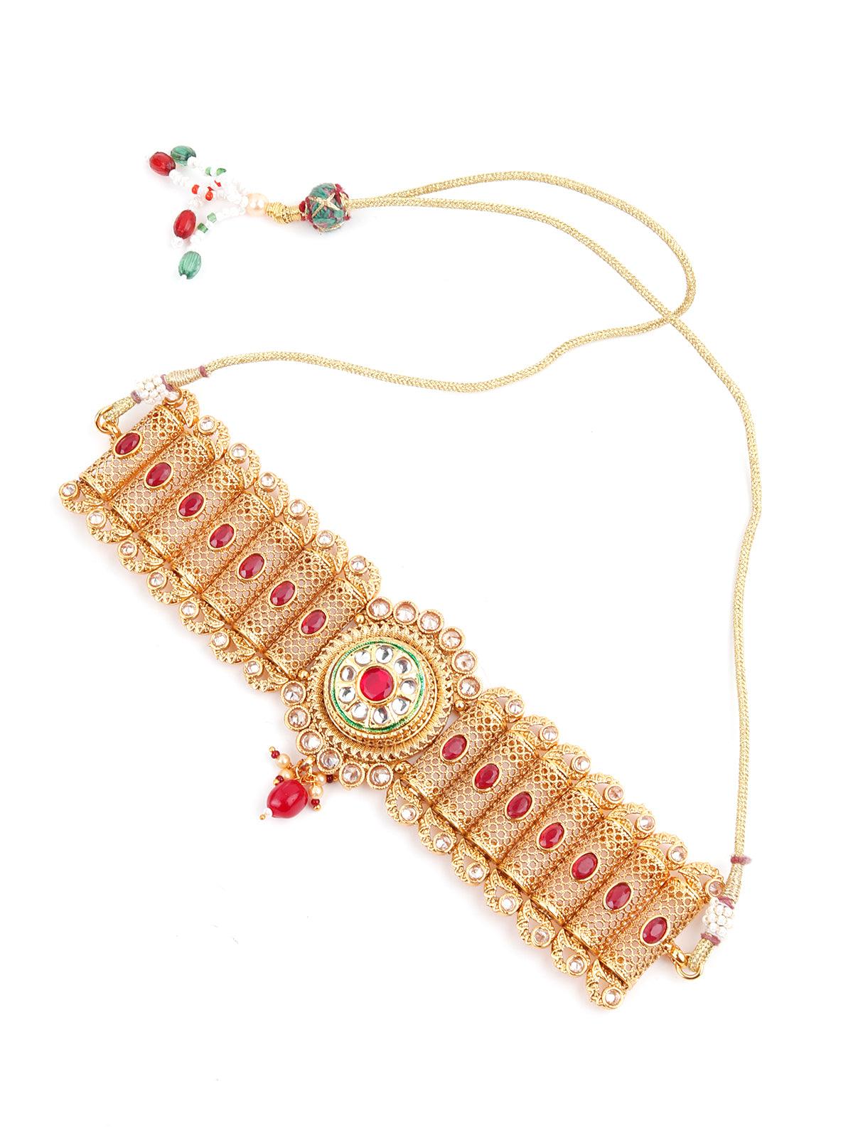 Gold Tone Red Mani Choker Set - Rajwada