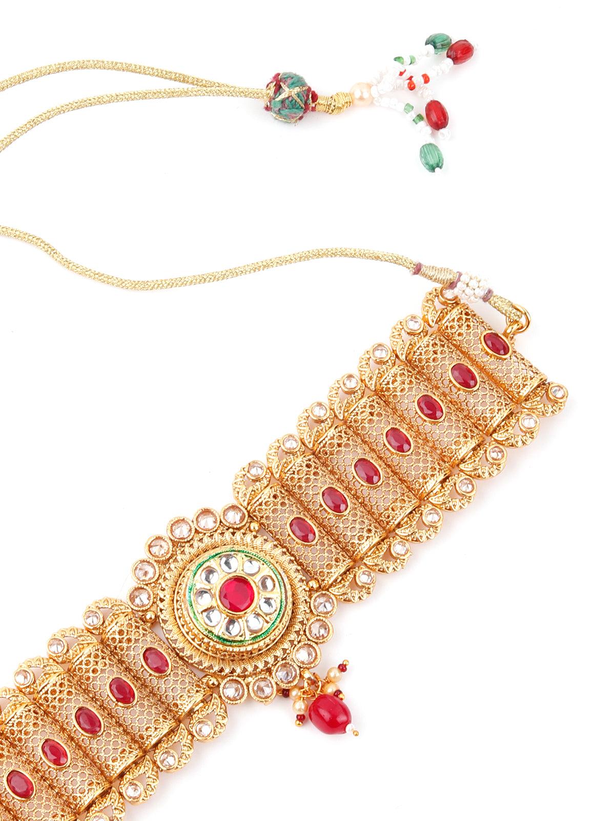 Gold Tone Red Mani Choker Set - Rajwada