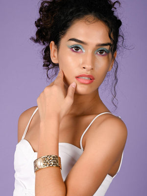 Gold-tone textured stunning white pearl embellished bracelet - Rajwada