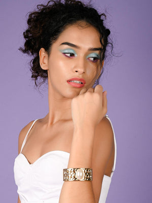 Gold-tone textured stunning white pearl embellished bracelet - Rajwada