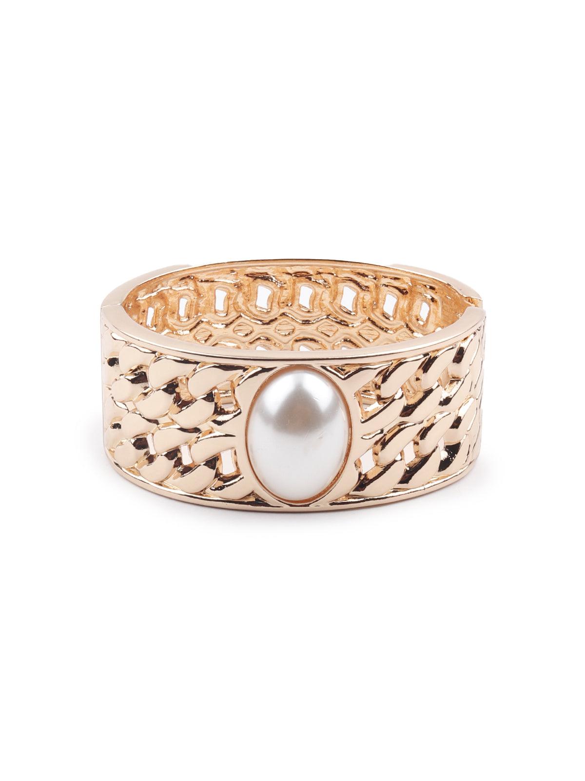 Gold-tone textured stunning white pearl embellished bracelet - Rajwada