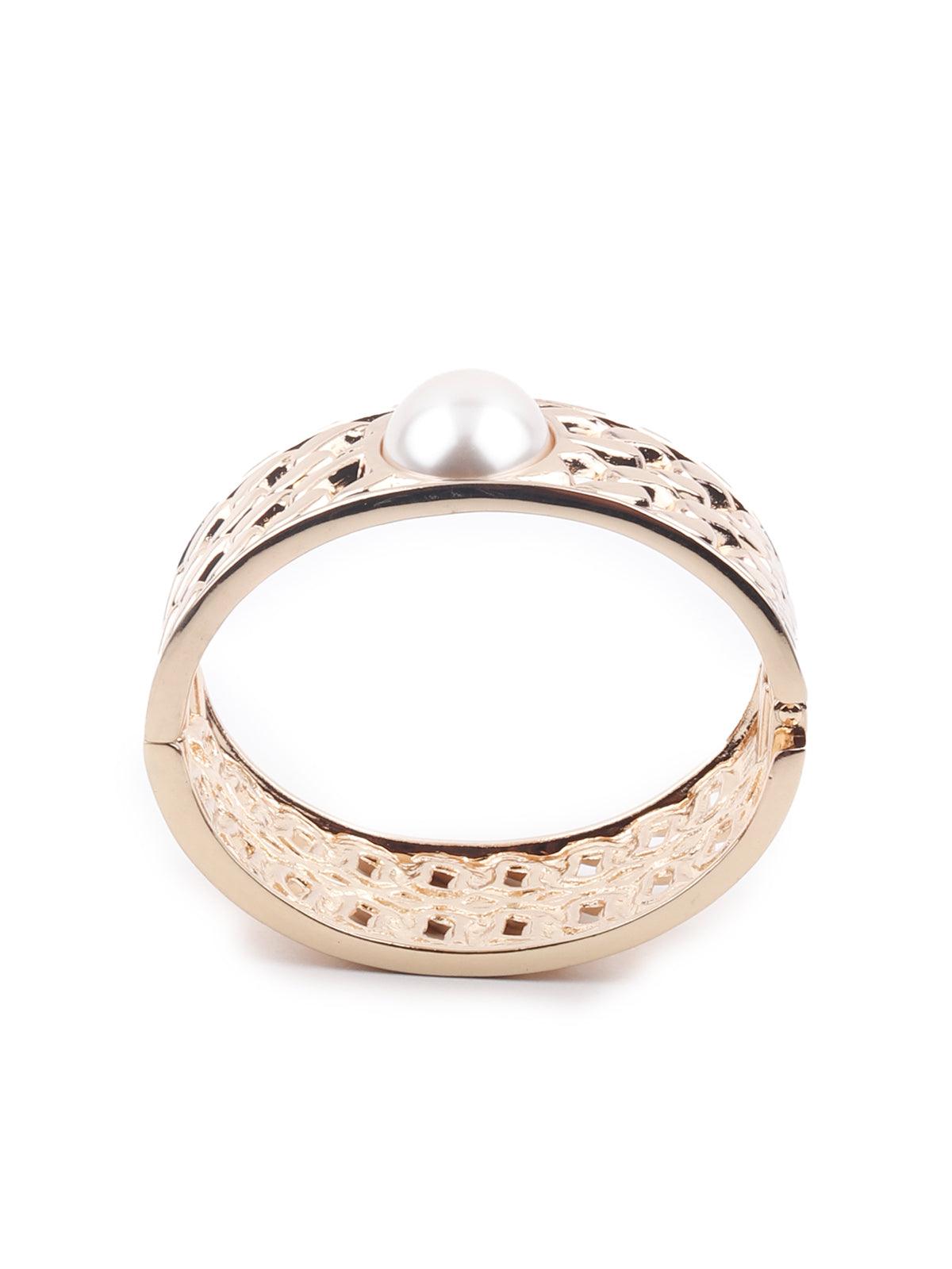 Gold-tone textured stunning white pearl embellished bracelet - Rajwada