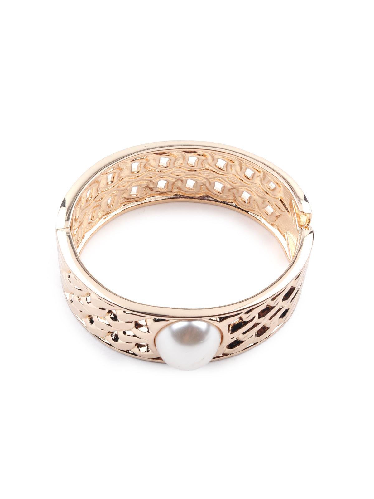 Gold-tone textured stunning white pearl embellished bracelet - Rajwada