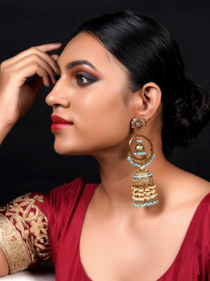 Golden Ornate Sea Blue Stone Jhumki Earrings - Rajwada
