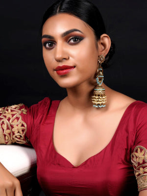 Golden Ornate Sea Blue Stone Jhumki Earrings - Rajwada