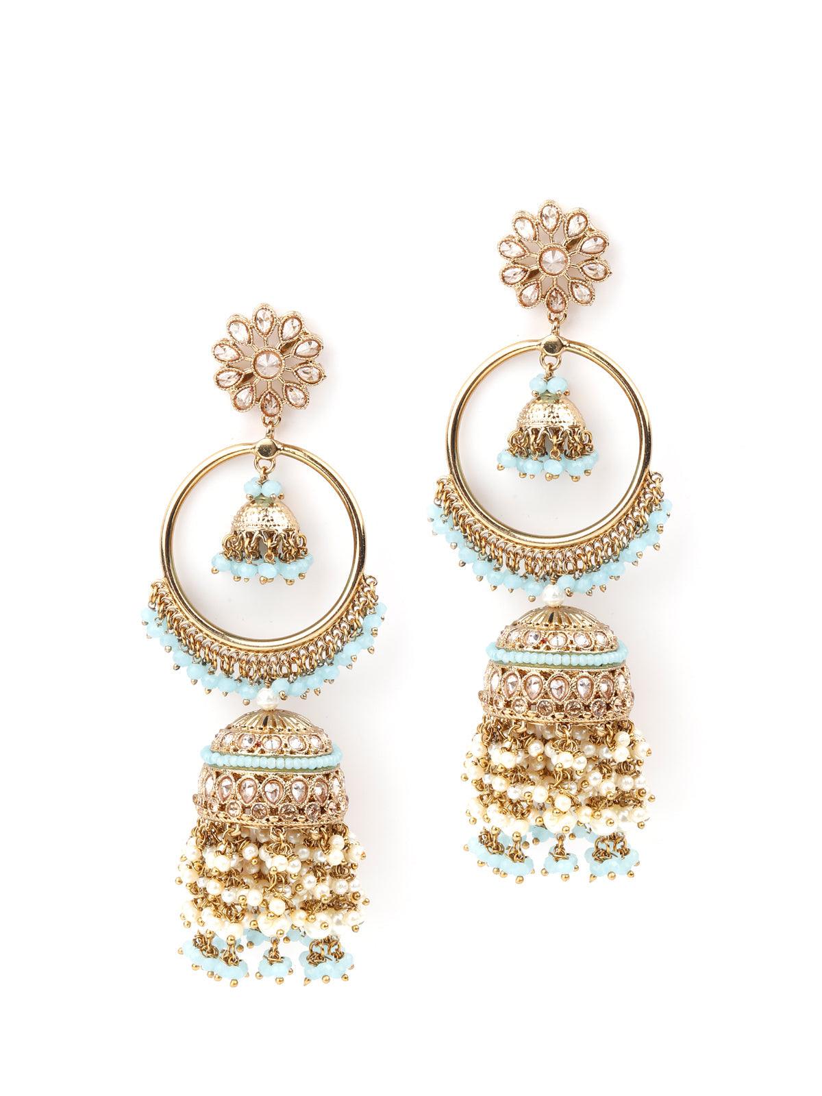 Golden Ornate Sea Blue Stone Jhumki Earrings - Rajwada