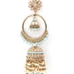 Golden Ornate Sea Blue Stone Jhumki Earrings - Rajwada