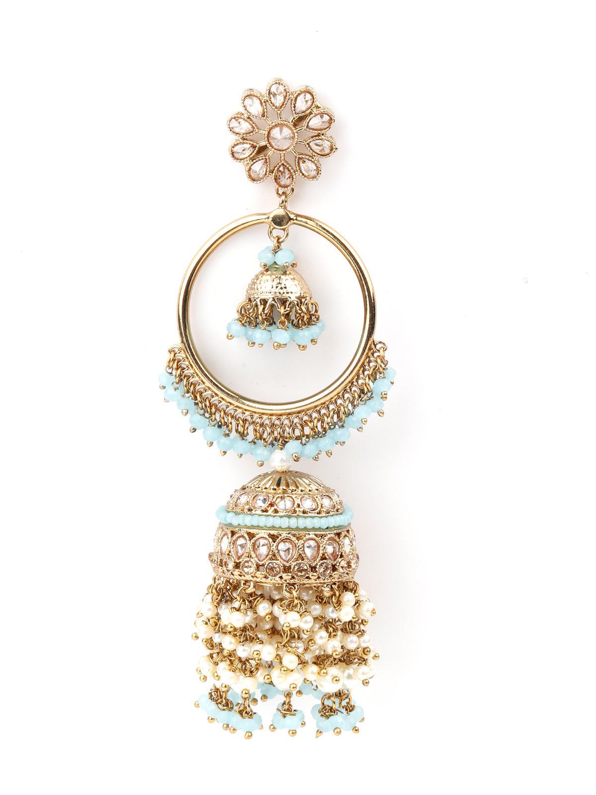 Golden Ornate Sea Blue Stone Jhumki Earrings - Rajwada