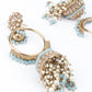 Golden Ornate Sea Blue Stone Jhumki Earrings - Rajwada
