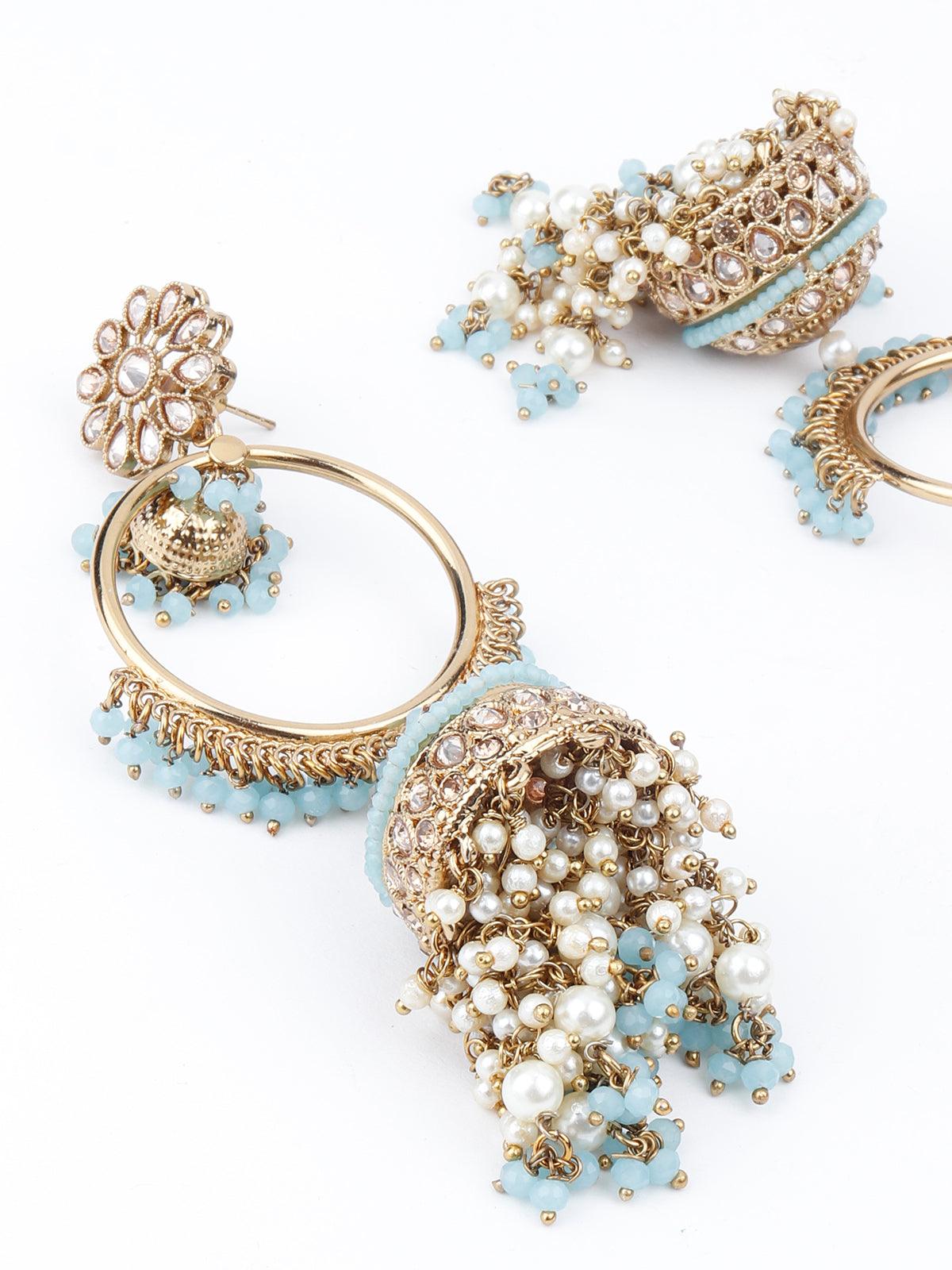 Golden Ornate Sea Blue Stone Jhumki Earrings - Rajwada