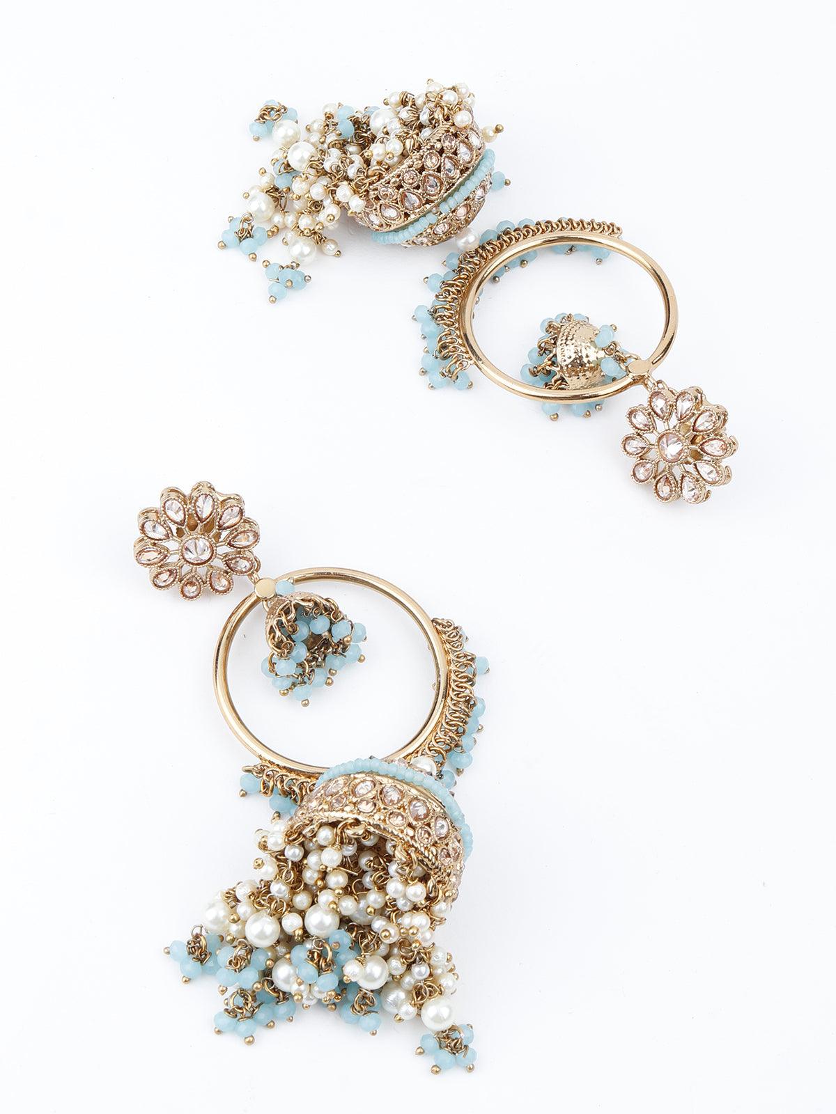 Golden Ornate Sea Blue Stone Jhumki Earrings - Rajwada