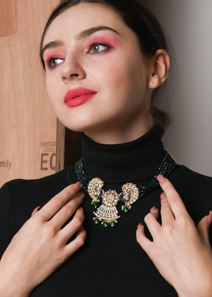 Golden Peacock Kundan Necklace Set - Rajwada