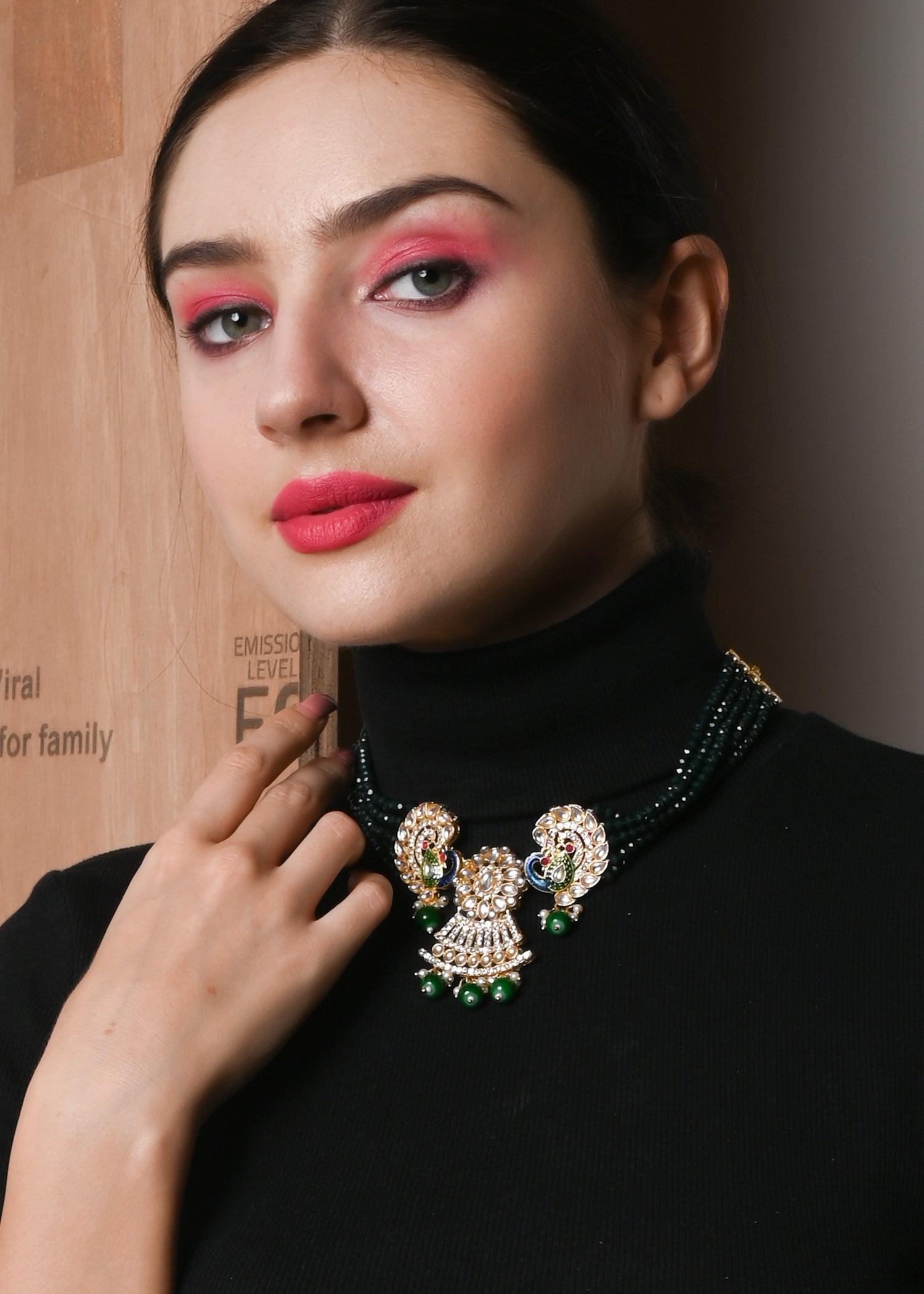 Golden Peacock Kundan Necklace Set - Rajwada