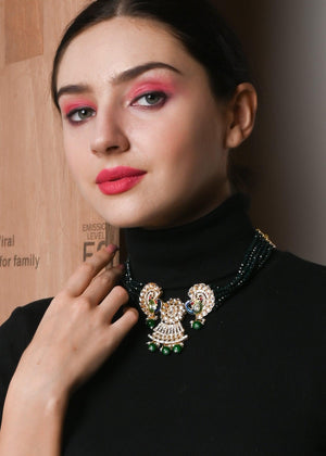 Golden Peacock Kundan Necklace Set - Rajwada