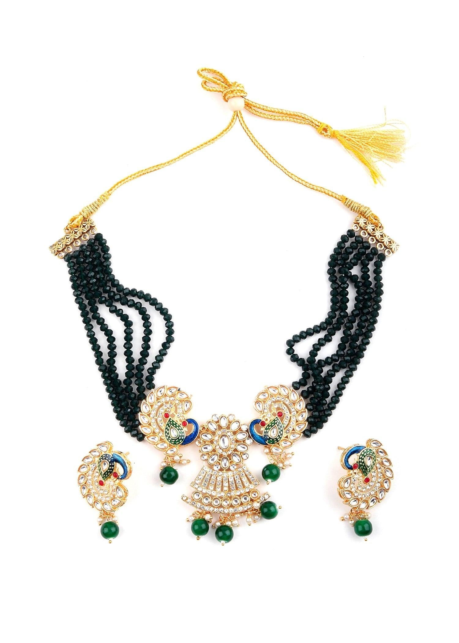 Golden Peacock Kundan Necklace Set - Rajwada