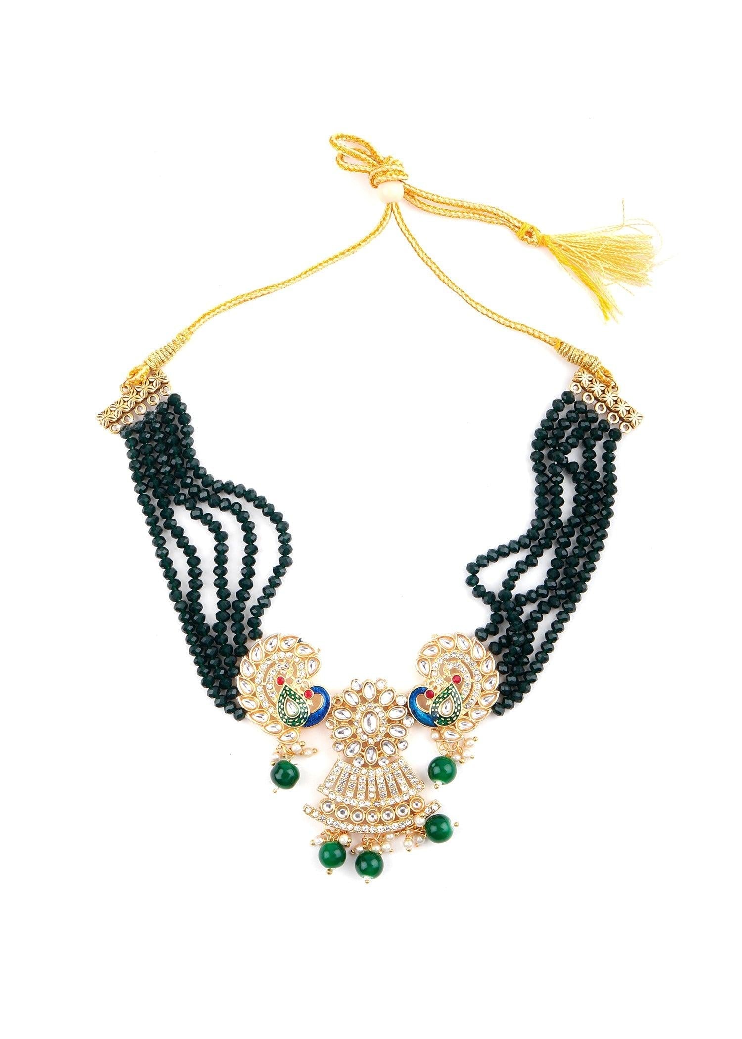Golden Peacock Kundan Necklace Set - Rajwada