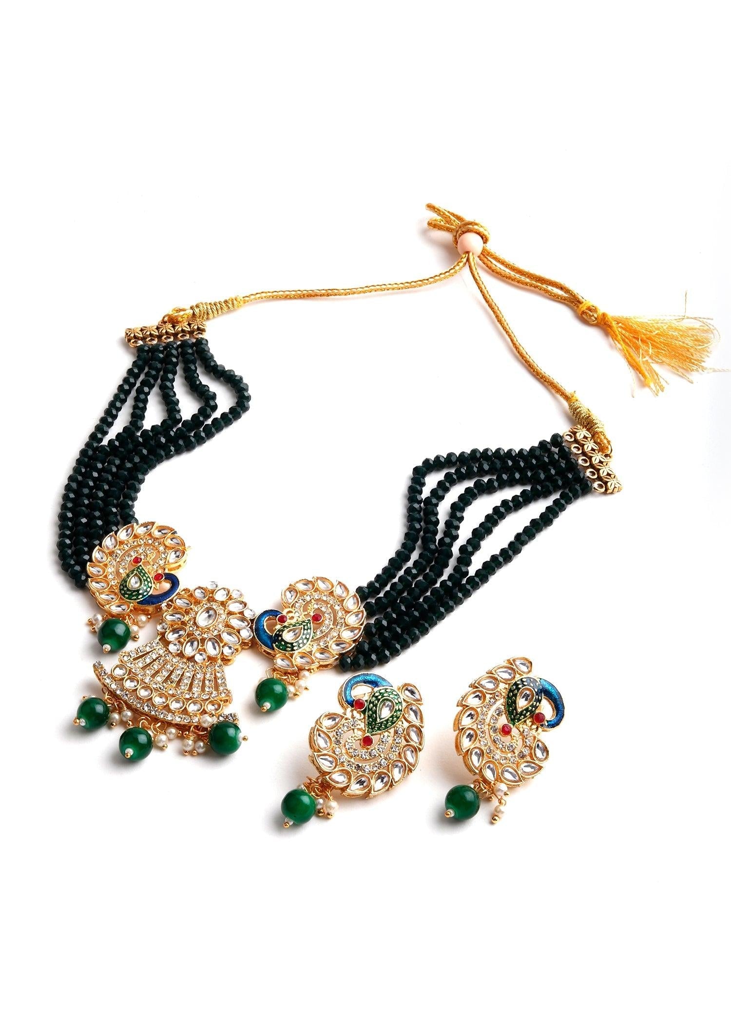 Golden Peacock Kundan Necklace Set - Rajwada