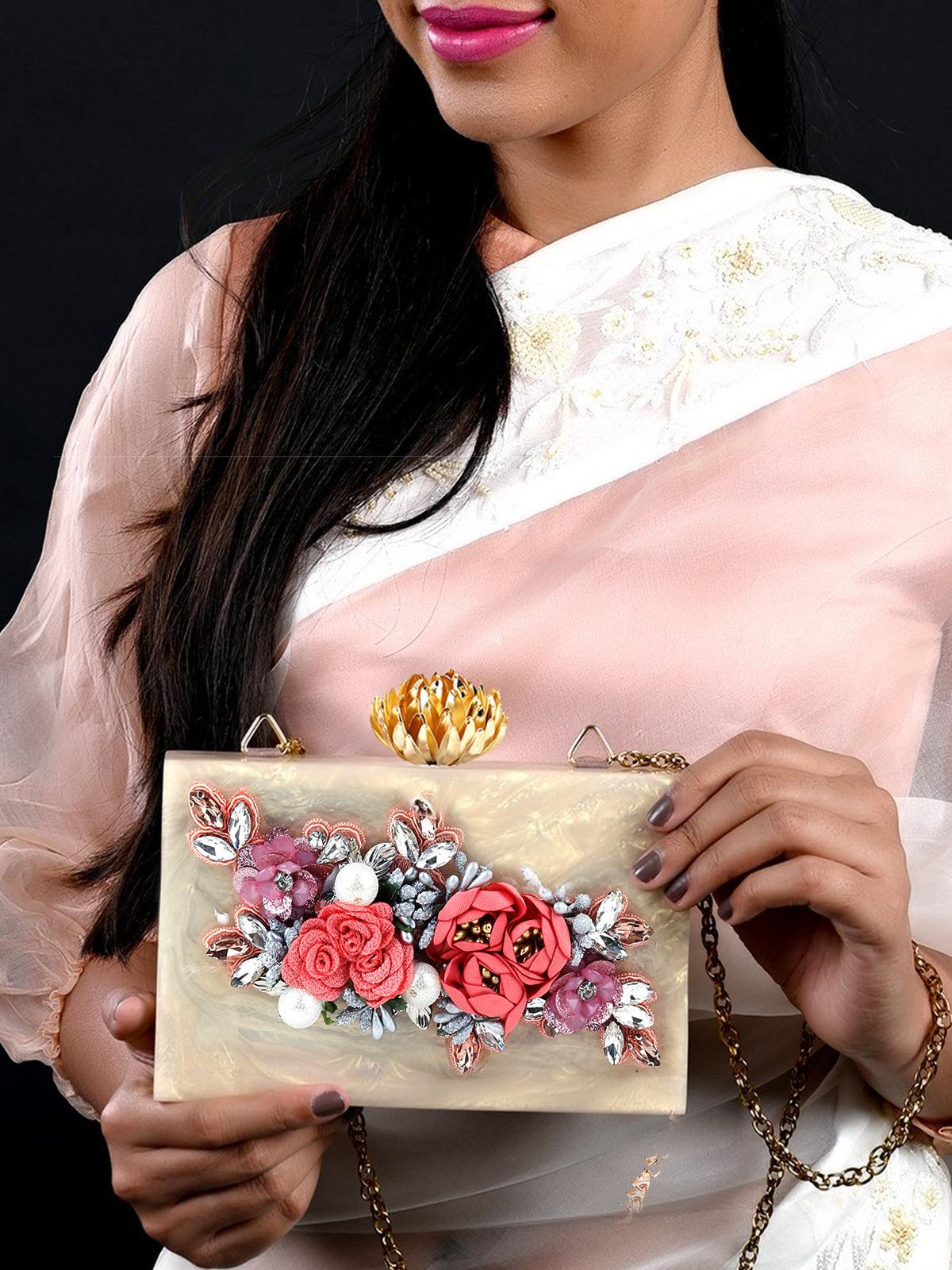Golden Resin Embellished Beautiful Box Clutch - Odette