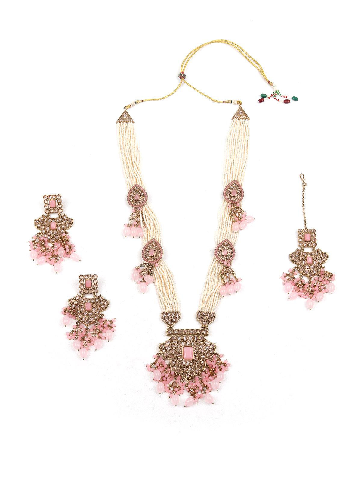 Gorgeous Baby Pink Beaded Kundan Necklace Set - Rajwada
